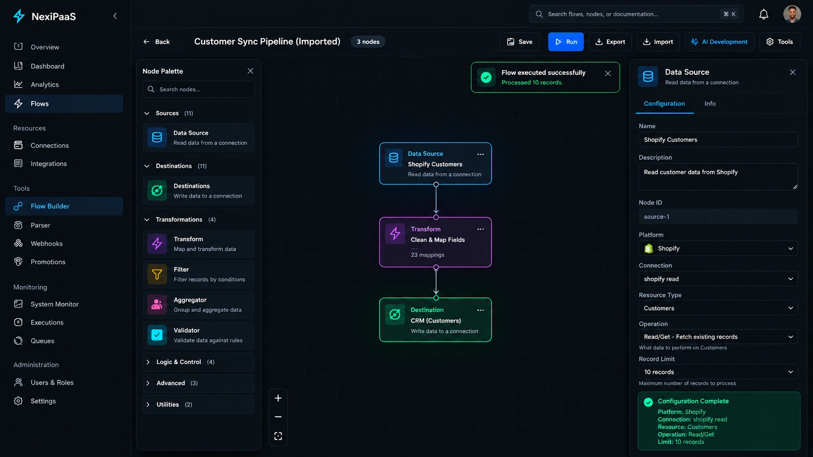 NexiPaaS flow builder with a customer sync pipeline from Shopify to a CRM destination